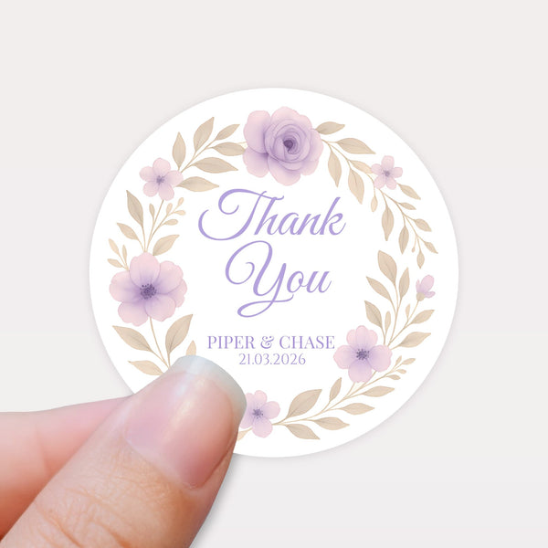 Personalised Lilac Floral Wedding Thank You Stickers – Custom Favour Labels