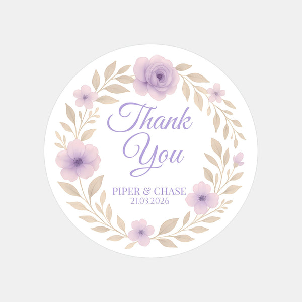 Personalised Lilac Floral Wedding Thank You Stickers – Custom Favour Labels