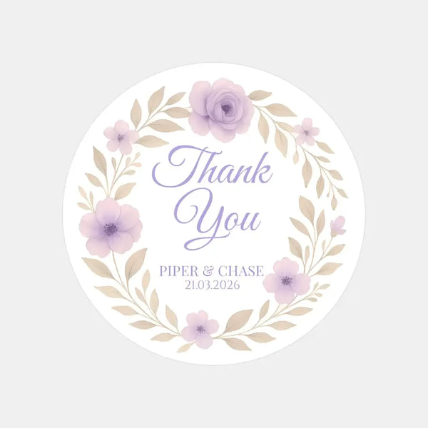 Personalised Lilac Floral Wedding Thank You Stickers – Custom Favour Labels - Sticksy Prints Australia