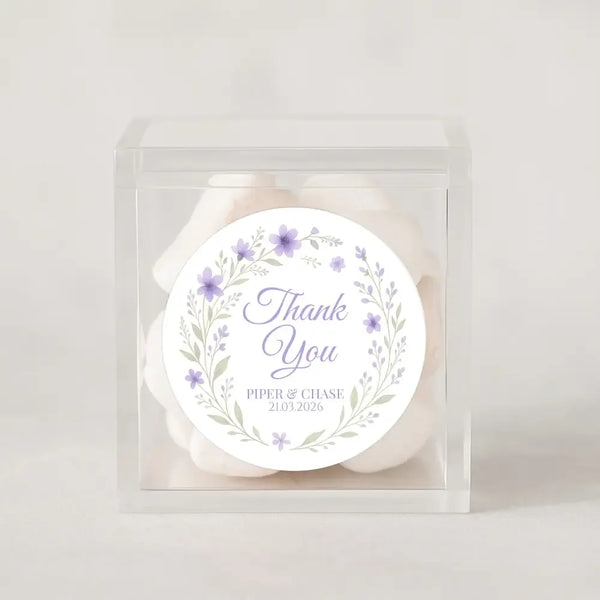 Personalised Lilac Floral Wreath Wedding Thank You Stickers – Custom Favour Labels - Sticksy Prints Australia