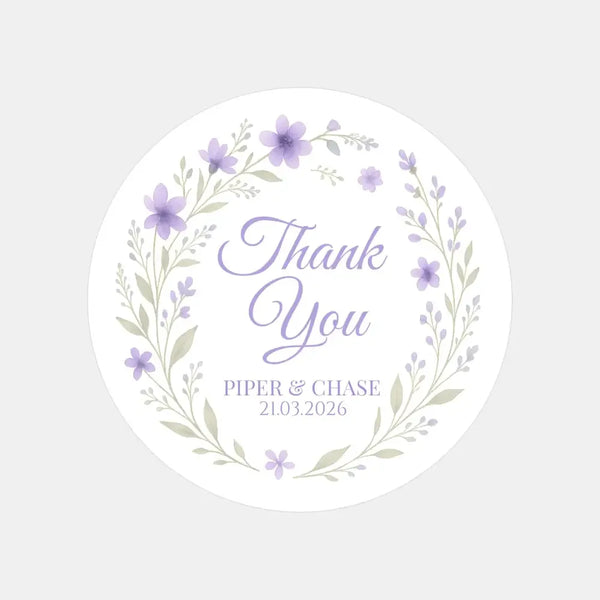 Personalised Lilac Floral Wreath Wedding Thank You Stickers – Custom Favour Labels - Sticksy Prints Australia