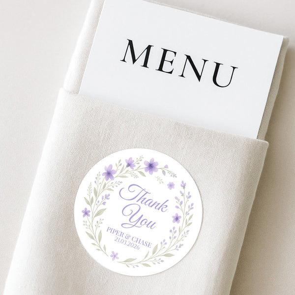 Personalised Lilac Floral Wreath Wedding Thank You Stickers – Custom Favour Labels
