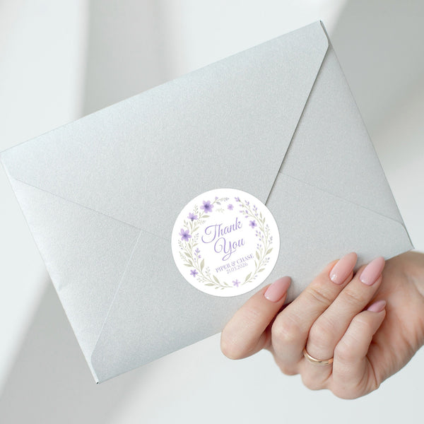 Personalised Lilac Floral Wreath Wedding Thank You Stickers – Custom Favour Labels