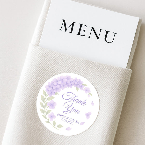 Personalised Lilac Hydrangea Wedding Thank You Stickers – Custom Floral Favour Labels
