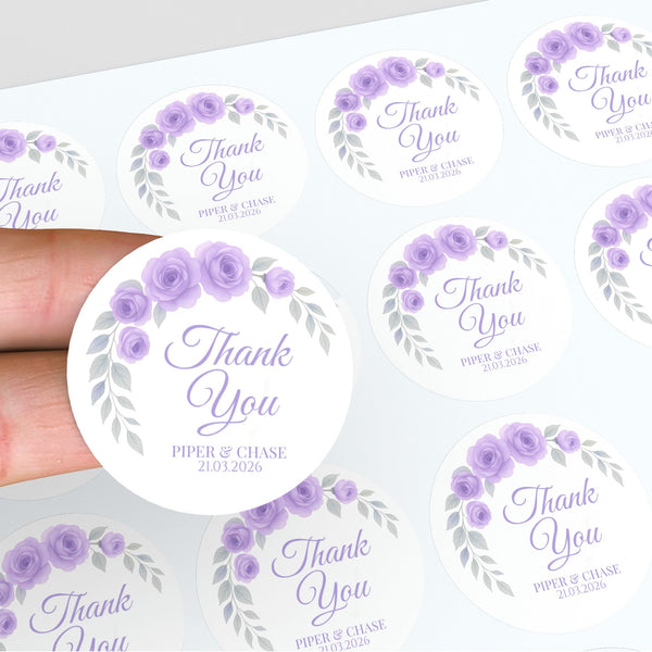 Personalised Lilac Rose Arch Wedding Thank You Stickers – Custom Floral Favour Labels