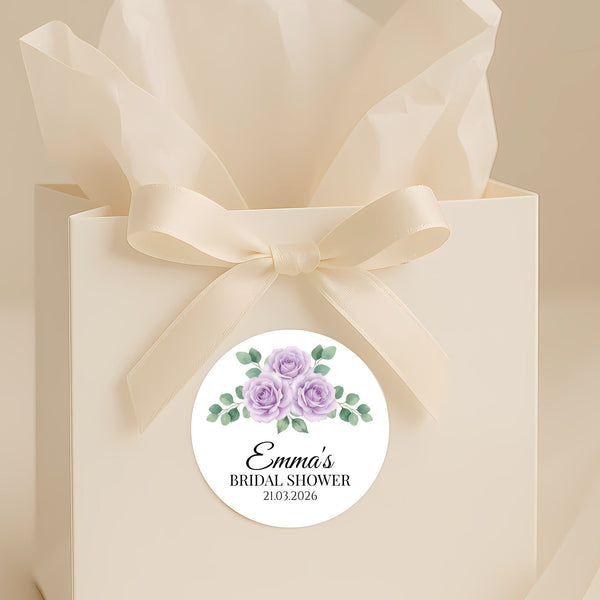 Personalised Lilac Rose Bridal Shower Stickers – Custom Name & Date Favour Labels – Watercolour Floral Party Stickers