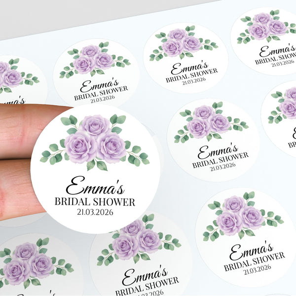 Personalised Lilac Rose Bridal Shower Stickers – Custom Name & Date Favour Labels – Watercolour Floral Party Stickers
