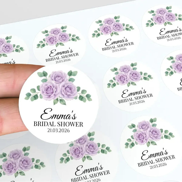 Personalised Lilac Rose Bridal Shower Stickers – Custom Name & Date Favour Labels – Watercolour Floral Party Stickers - Sticksy Prints Australia