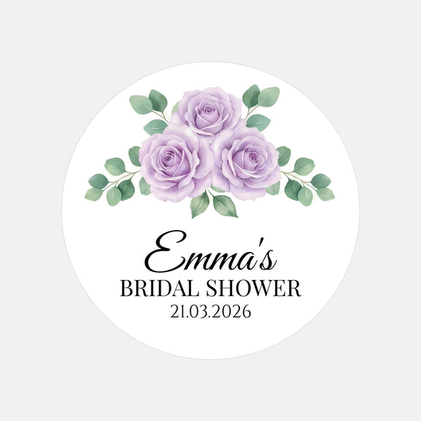 Personalised Lilac Rose Bridal Shower Stickers – Custom Name & Date Favour Labels – Watercolour Floral Party Stickers