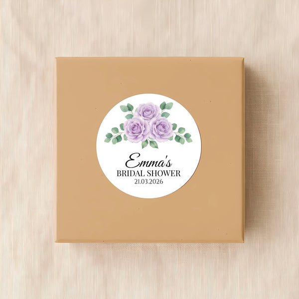 Personalised Lilac Rose Bridal Shower Stickers – Custom Name & Date Favour Labels – Watercolour Floral Party Stickers