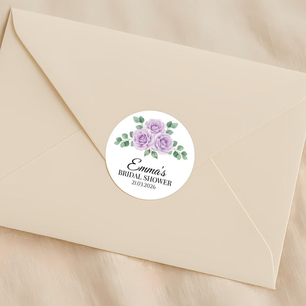 Personalised Lilac Rose Bridal Shower Stickers – Custom Name & Date Favour Labels – Watercolour Floral Party Stickers