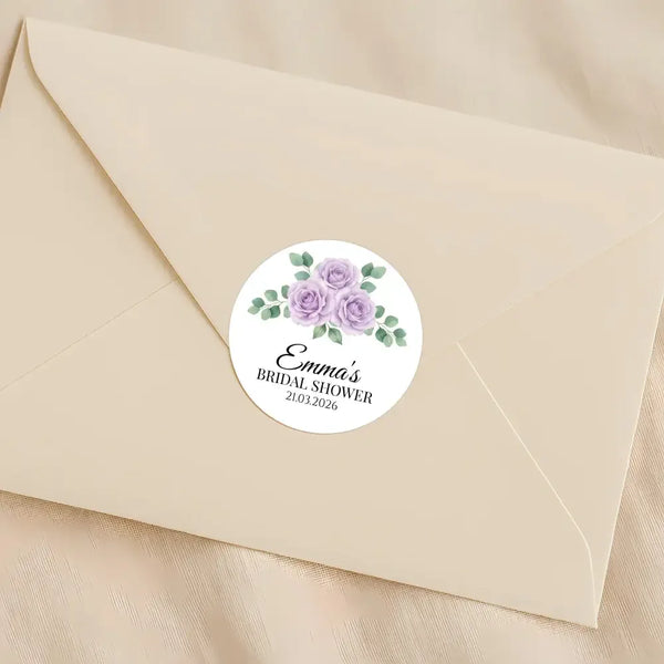 Personalised Lilac Rose Bridal Shower Stickers – Custom Name & Date Favour Labels – Watercolour Floral Party Stickers - Sticksy Prints Australia
