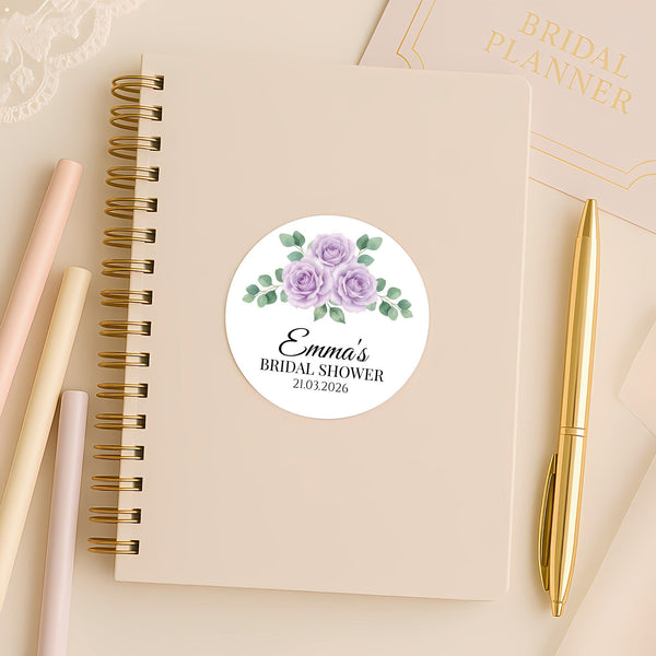 Personalised Lilac Rose Bridal Shower Stickers – Custom Name & Date Favour Labels – Watercolour Floral Party Stickers