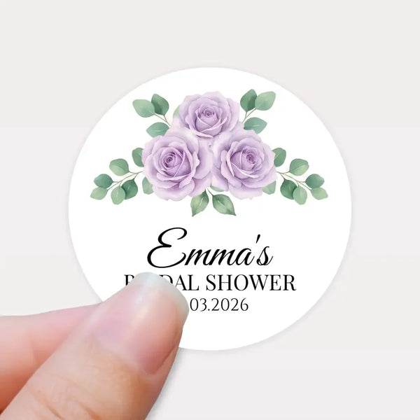 Personalised Lilac Rose Bridal Shower Stickers – Custom Name & Date Favour Labels – Watercolour Floral Party Stickers - Sticksy Prints Australia