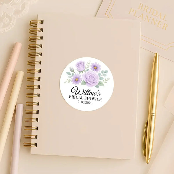 Personalised Lilac Rose & Daisy Bridal Shower Stickers – Custom Name & Date – Watercolour Floral Favour Labels - Sticksy Prints Australia
