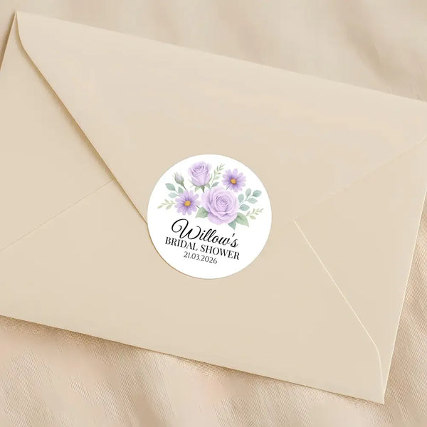 Personalised Lilac Rose & Daisy Bridal Shower Stickers – Custom Name & Date – Watercolour Floral Favour Labels - Sticksy Prints Australia