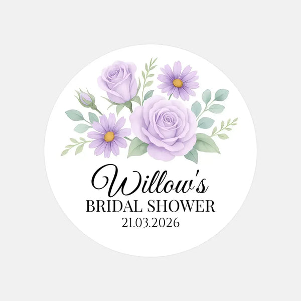 Personalised Lilac Rose & Daisy Bridal Shower Stickers – Custom Name & Date – Watercolour Floral Favour Labels - Sticksy Prints Australia