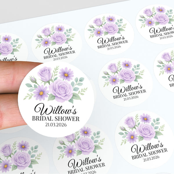 Personalised Lilac Rose & Daisy Bridal Shower Stickers – Custom Name & Date – Watercolour Floral Favour Labels