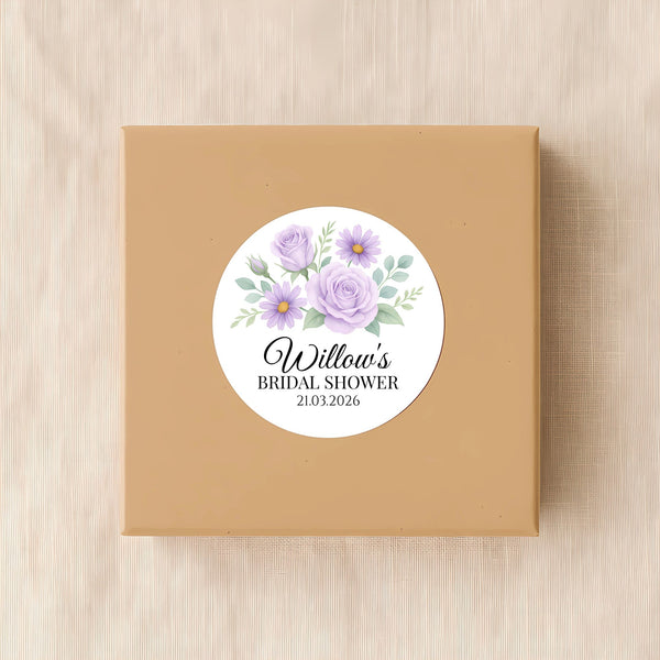 Personalised Lilac Rose & Daisy Bridal Shower Stickers – Custom Name & Date – Watercolour Floral Favour Labels