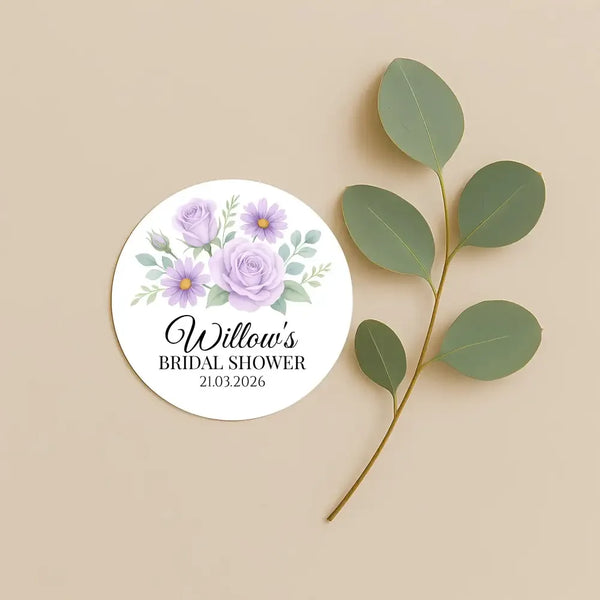 Personalised Lilac Rose & Daisy Bridal Shower Stickers – Custom Name & Date – Watercolour Floral Favour Labels - Sticksy Prints Australia