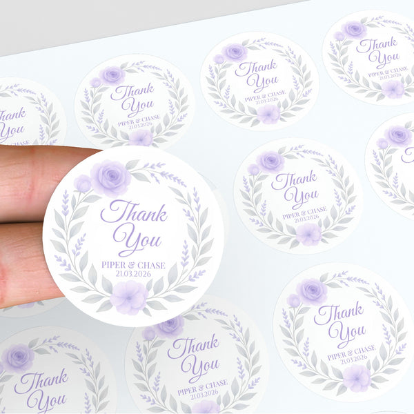 Personalised Lilac Rose & Lavender Wedding Thank You Stickers – Custom Floral Favour Labels