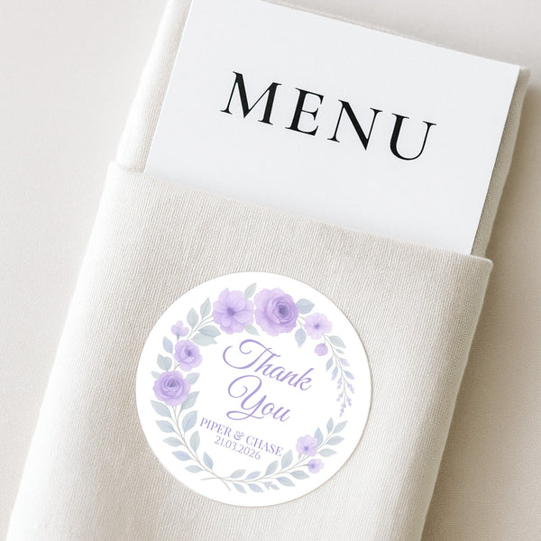 Personalised Lilac Rose Wedding Thank You Stickers – Custom Floral Favour Labels
