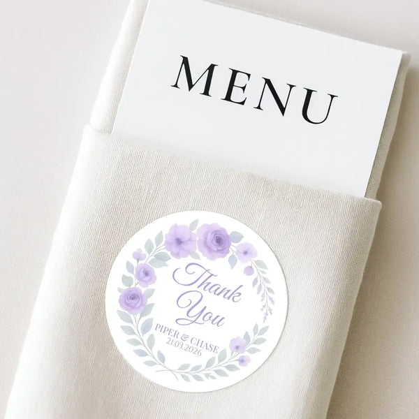 Personalised Lilac Rose Wedding Thank You Stickers – Custom Floral Favour Labels - Sticksy Prints Australia