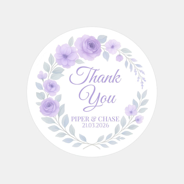 Personalised Lilac Rose Wedding Thank You Stickers – Custom Floral Favour Labels