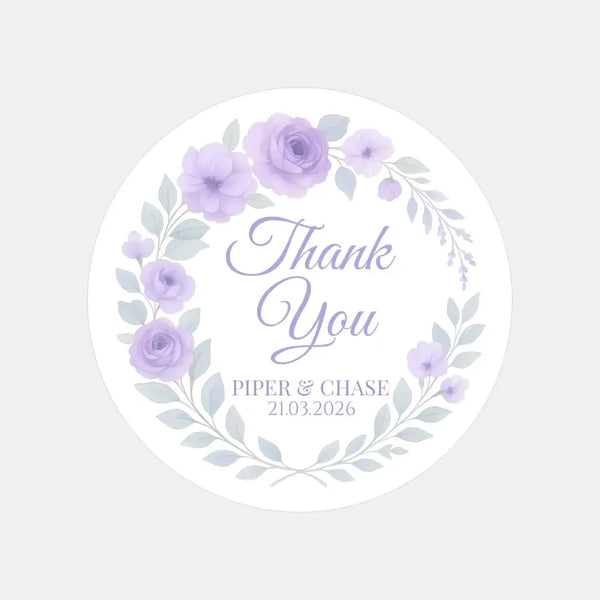 Personalised Lilac Rose Wedding Thank You Stickers – Custom Floral Favour Labels - Sticksy Prints Australia