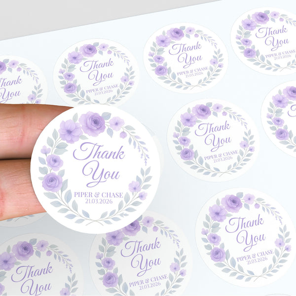 Personalised Lilac Rose Wedding Thank You Stickers – Custom Floral Favour Labels