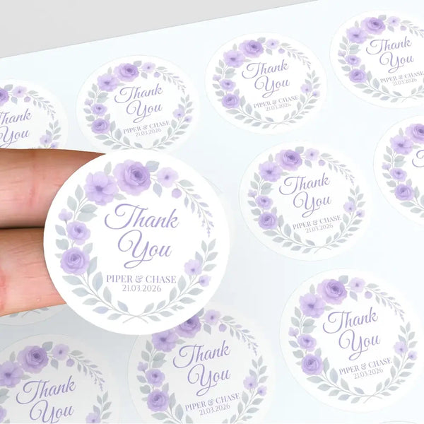 Personalised Lilac Rose Wedding Thank You Stickers – Custom Floral Favour Labels - Sticksy Prints Australia