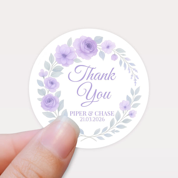Personalised Lilac Rose Wedding Thank You Stickers – Custom Floral Favour Labels