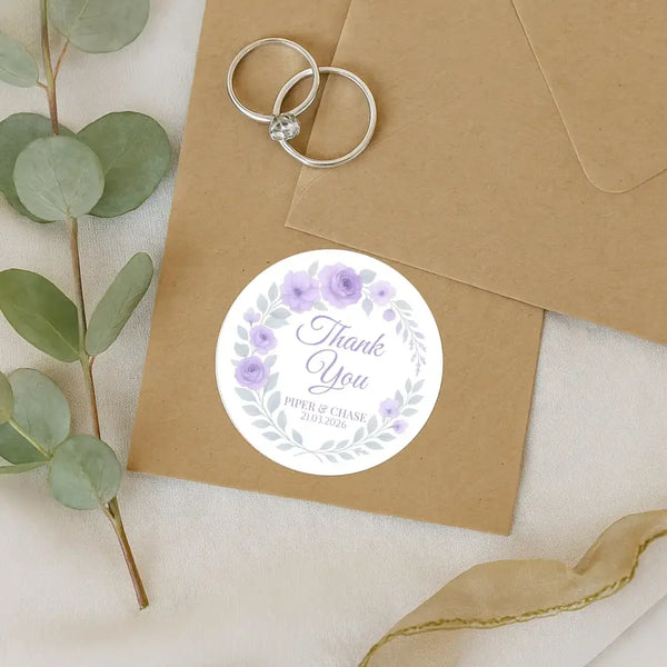 Personalised Lilac Rose Wedding Thank You Stickers – Custom Floral Favour Labels - Sticksy Prints Australia