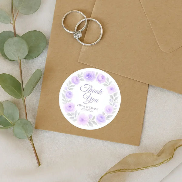 Personalised Lilac Rose Wreath Wedding Thank You Stickers – Custom Floral Favour Labels - Sticksy Prints Australia