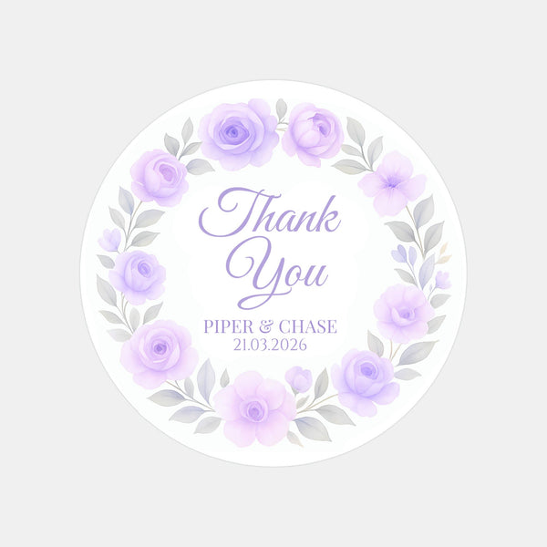 Personalised Lilac Rose Wreath Wedding Thank You Stickers – Custom Floral Favour Labels
