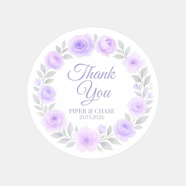 Personalised Lilac Rose Wreath Wedding Thank You Stickers – Custom Floral Favour Labels - Sticksy Prints Australia