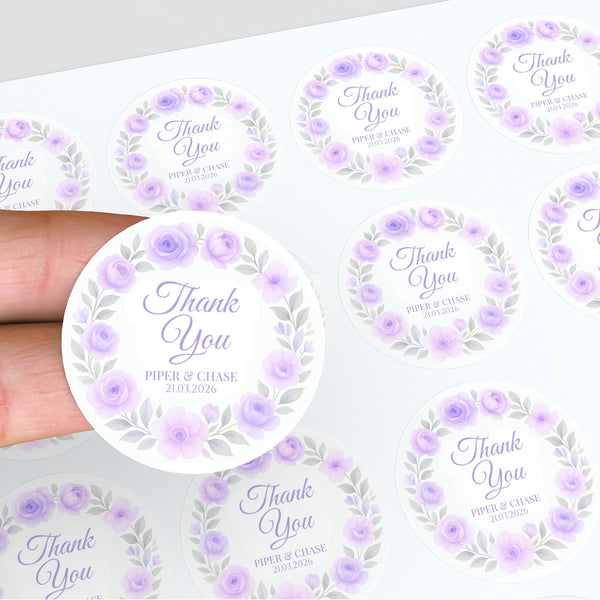 Personalised Lilac Rose Wreath Wedding Thank You Stickers – Custom Floral Favour Labels