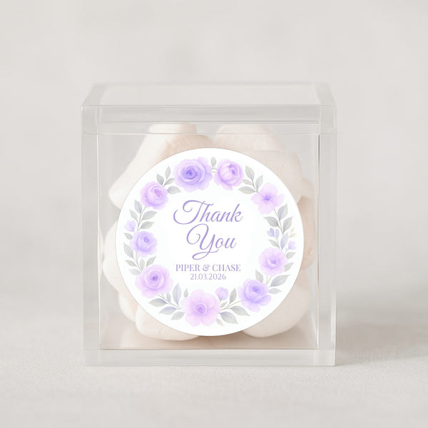 Personalised Lilac Rose Wreath Wedding Thank You Stickers – Custom Floral Favour Labels