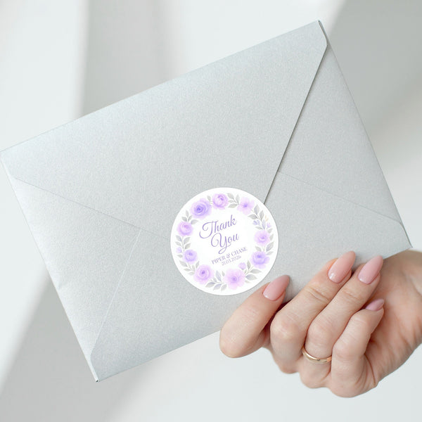 Personalised Lilac Rose Wreath Wedding Thank You Stickers – Custom Floral Favour Labels