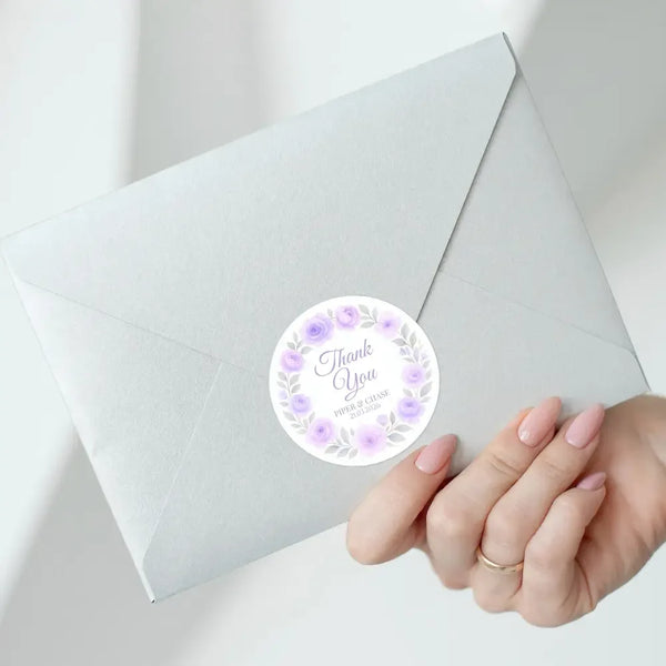 Personalised Lilac Rose Wreath Wedding Thank You Stickers – Custom Floral Favour Labels - Sticksy Prints Australia