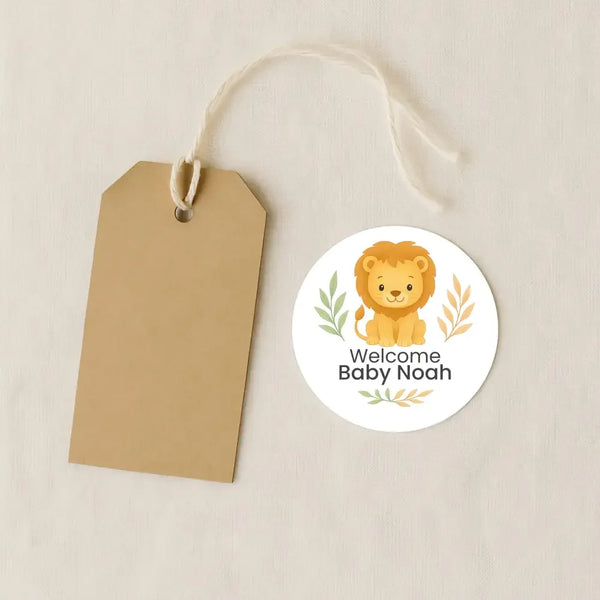 Personalised Lion Baby Shower Stickers – Safari Welcome Baby Favour Labels - Sticksy Prints Australia