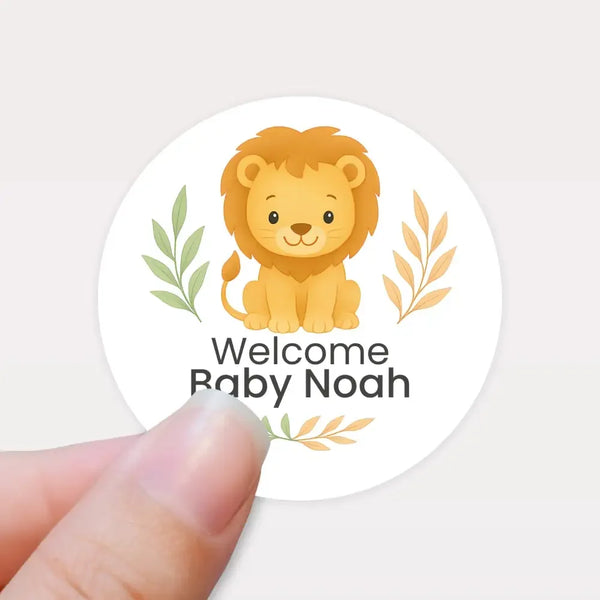 Personalised Lion Baby Shower Stickers – Safari Welcome Baby Favour Labels - Sticksy Prints Australia