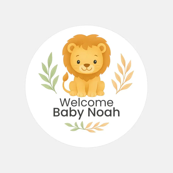 Personalised Lion Baby Shower Stickers – Safari Welcome Baby Favour Labels - Sticksy Prints Australia