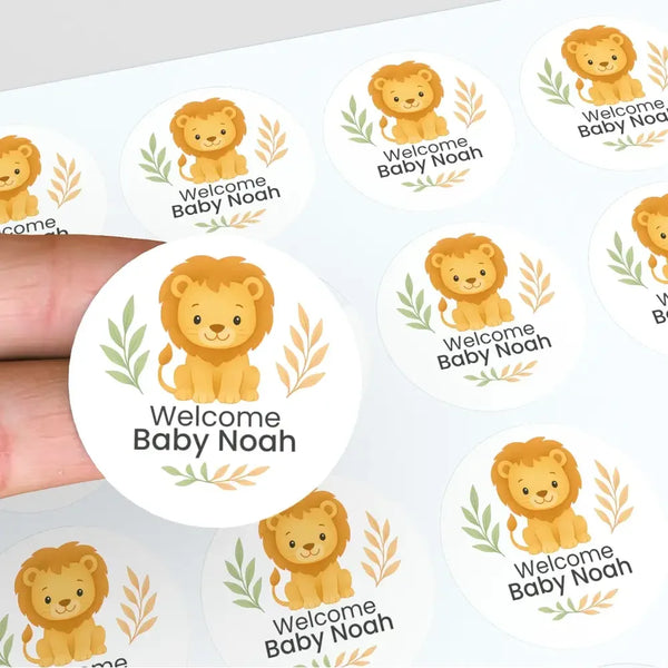 Personalised Lion Baby Shower Stickers – Safari Welcome Baby Favour Labels - Sticksy Prints Australia