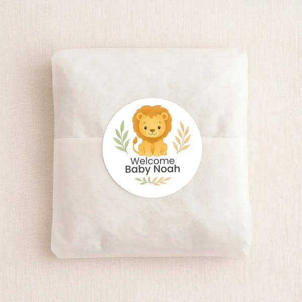 Personalised Lion Baby Shower Stickers – Safari Welcome Baby Favour Labels - Sticksy Prints Australia