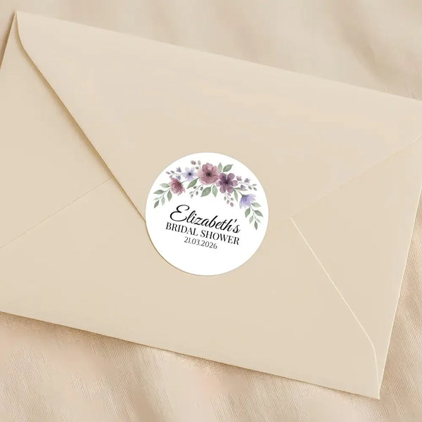 Personalised Mauve & Plum Floral Bridal Shower Stickers – Custom Name & Date – Watercolour Favour Labels - Sticksy Prints Australia