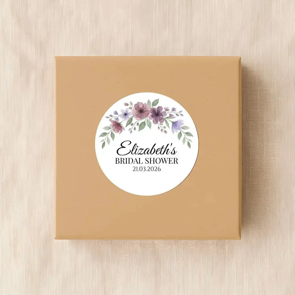 Personalised Mauve & Plum Floral Bridal Shower Stickers – Custom Name & Date – Watercolour Favour Labels - Sticksy Prints Australia