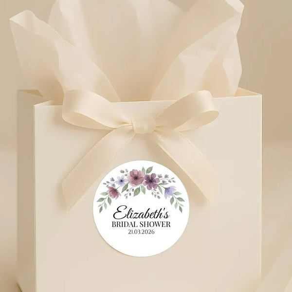 Personalised Mauve & Plum Floral Bridal Shower Stickers – Custom Name & Date – Watercolour Favour Labels - Sticksy Prints Australia
