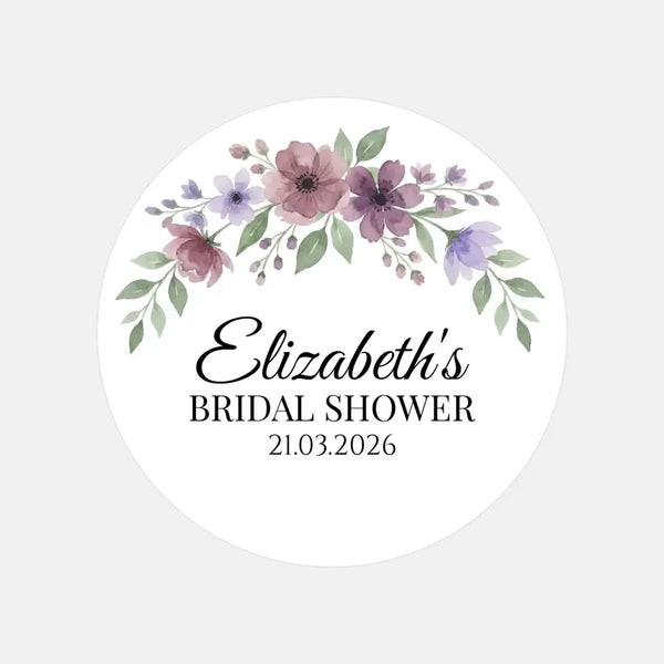 Personalised Mauve & Plum Floral Bridal Shower Stickers – Custom Name & Date – Watercolour Favour Labels - Sticksy Prints Australia