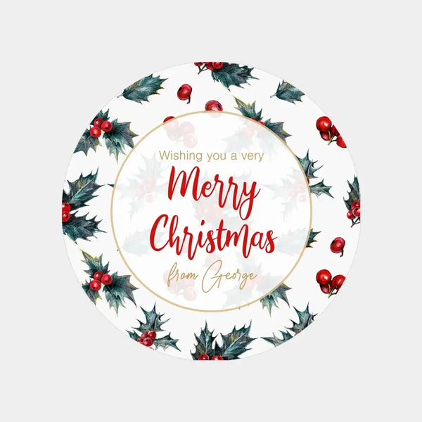 Personalised Merry Christmas Sticker Labels Holly Custom - Sticksy Prints Australia